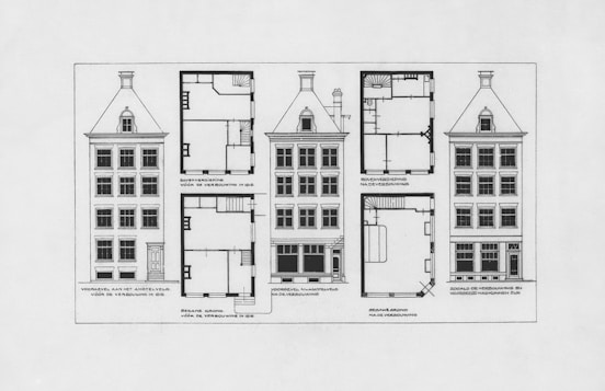 A black and white drawing of a four story building
