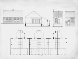 Architectural drawings of a building with elevations and floor plan.