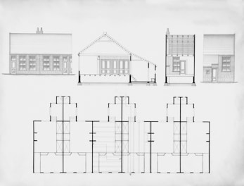 Architectural drawings of a building with elevations and floor plan.