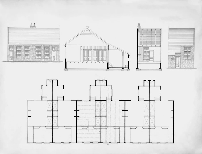 Architectural drawings of a building with elevations and floor plan.