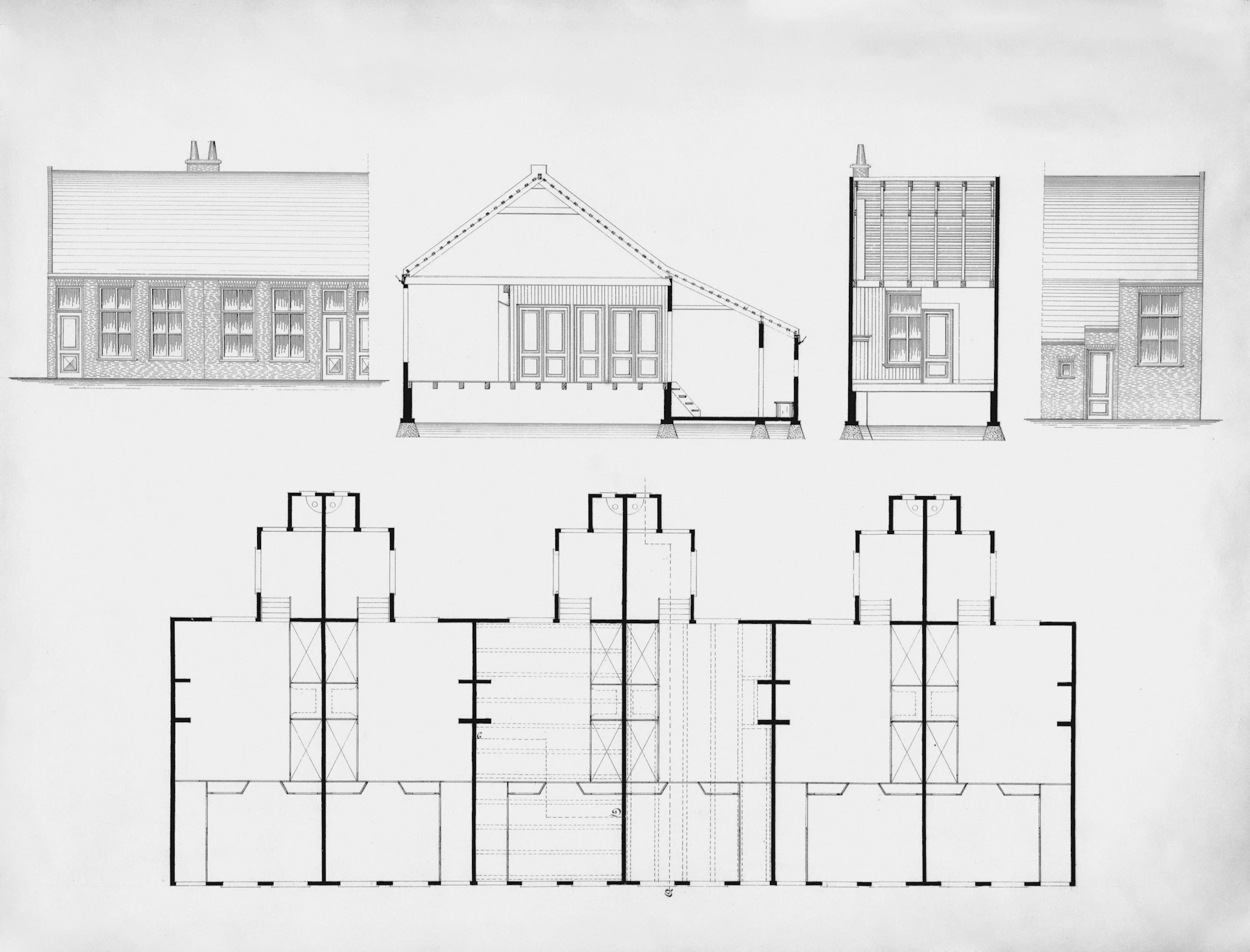 Architectural drawings of a building with elevations and floor plan.