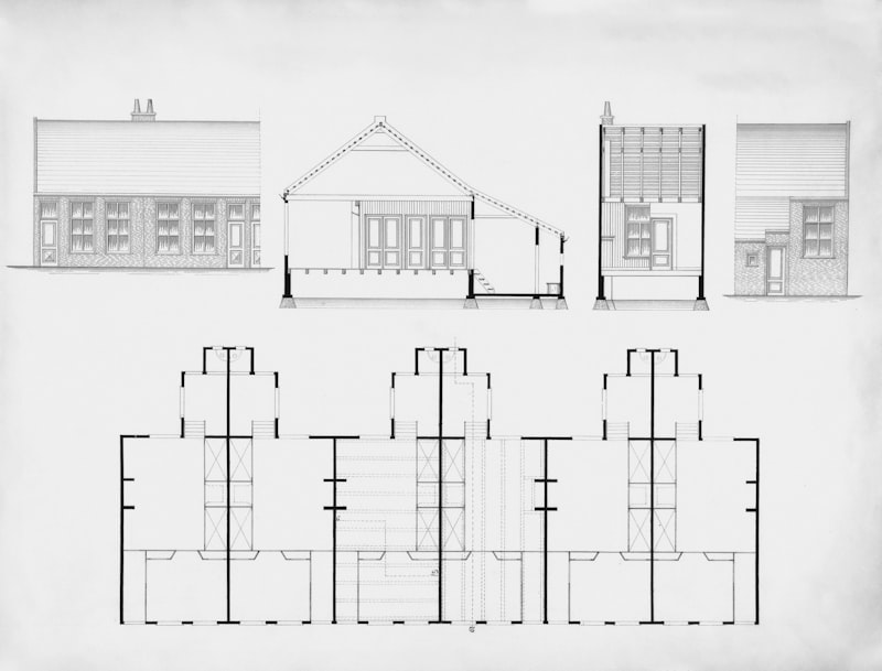 Architectural drawings showing elevations and floor plan