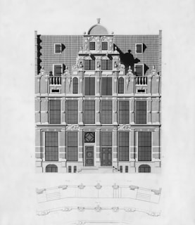 A black and white photo of a building