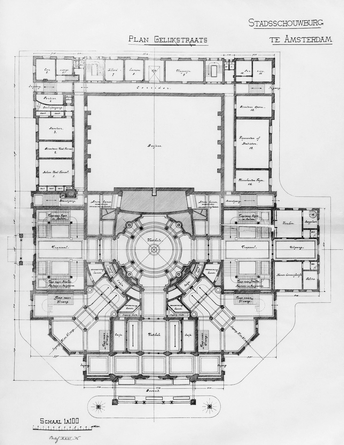 Historic architectural ground plan of a country house with a circular central hall