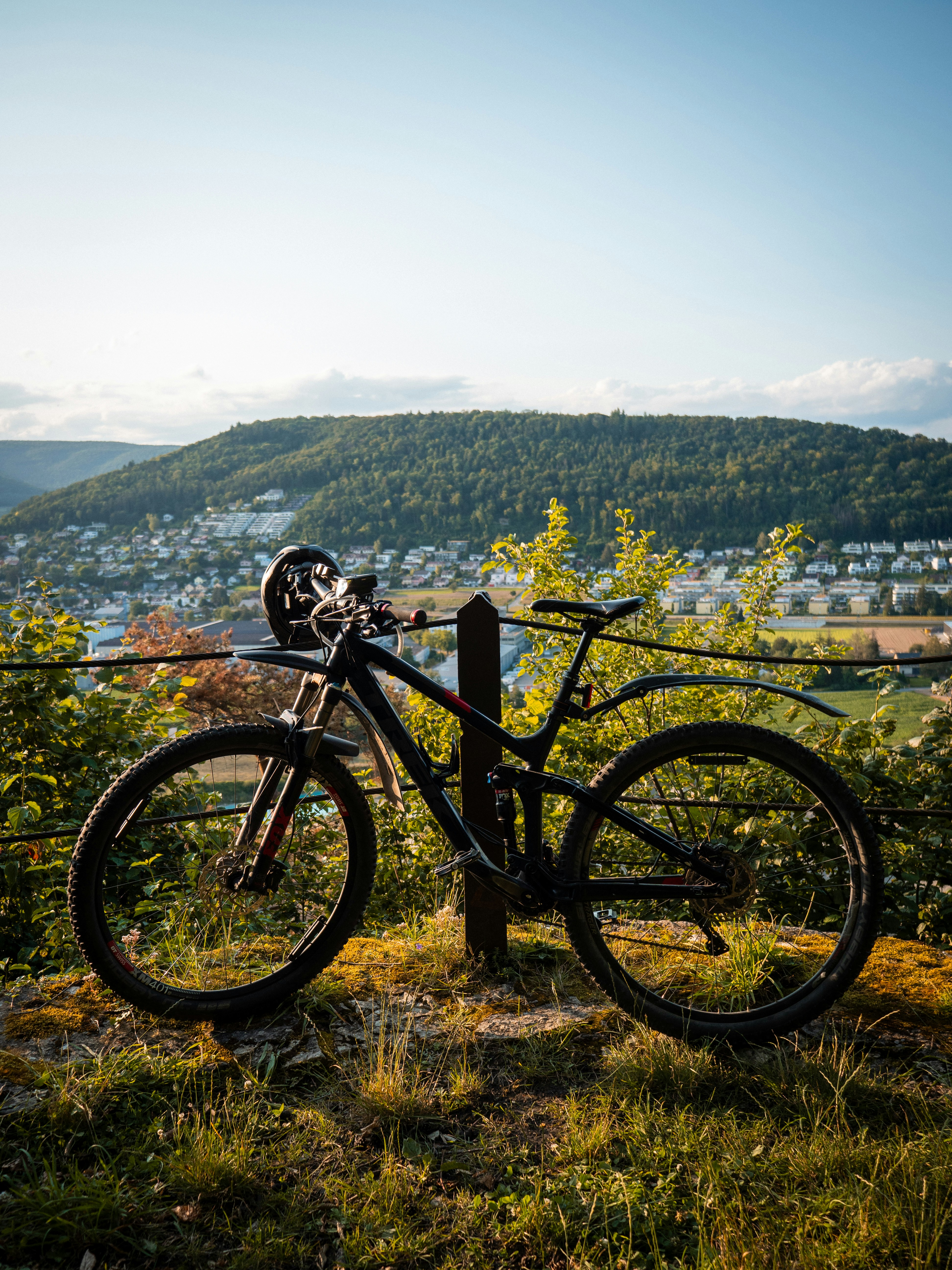 A mountain bike parked on top of a lush green hillside