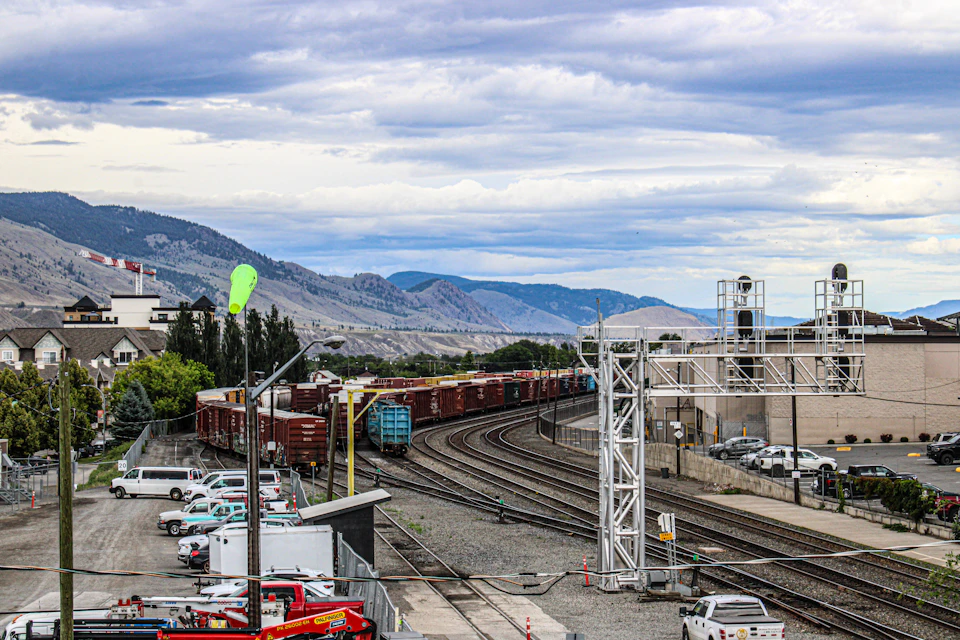 Rail tracks and freight cars in downtown Kamloops