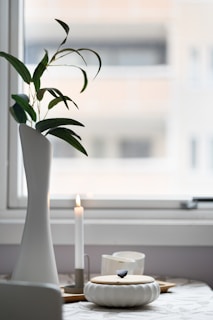 Vaso com planta e vela aromática na mesa