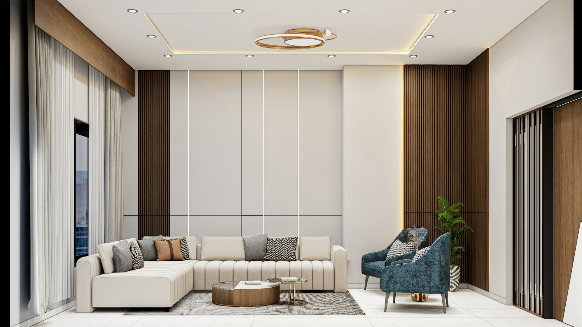 Contemporary living space with curated art and decor