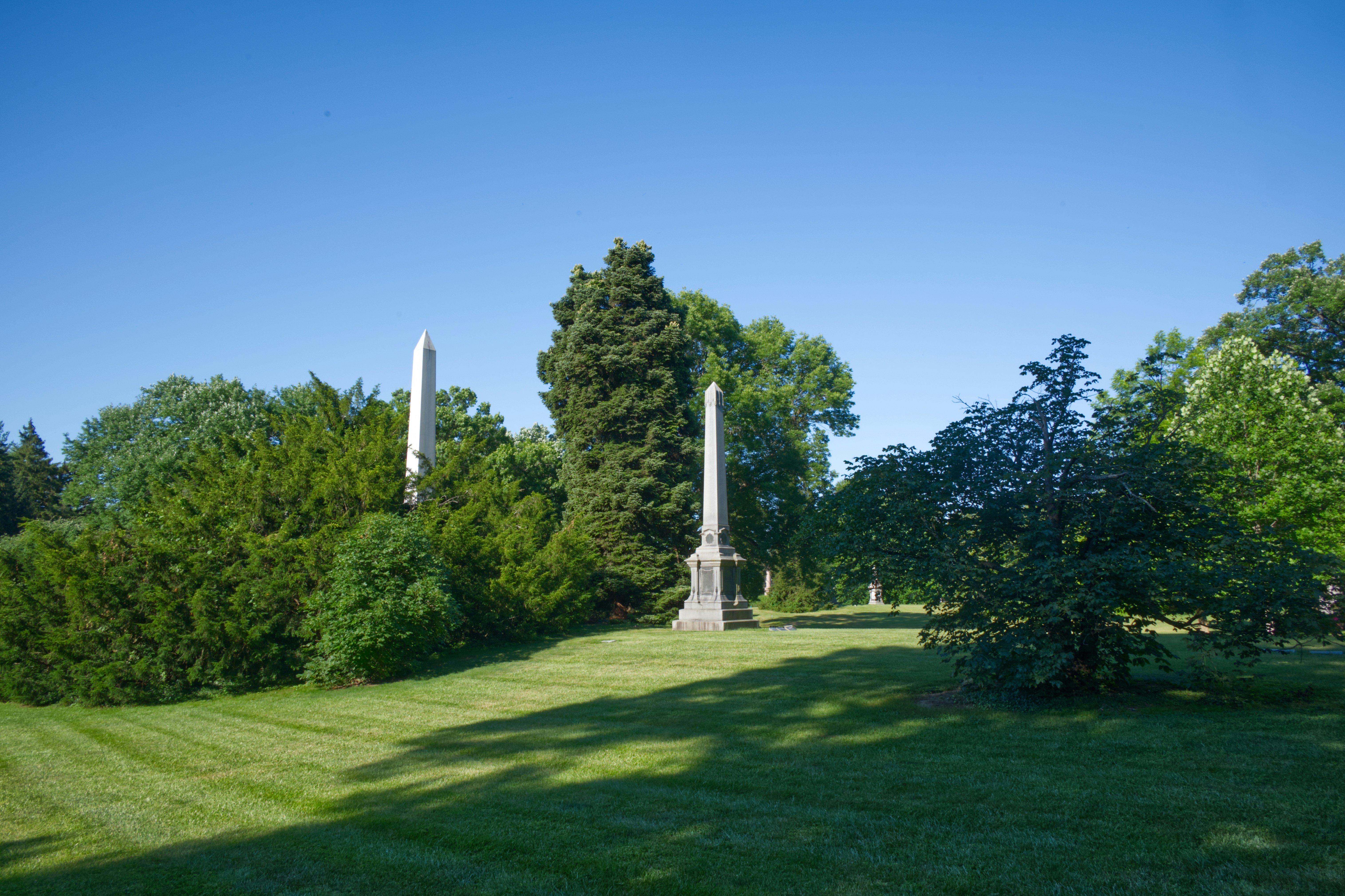A grassy field with trees and a monument in the background