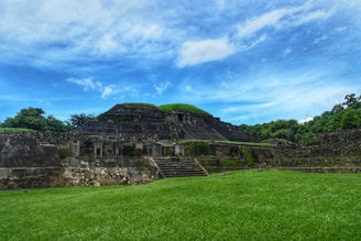A large grassy field with a building in the background