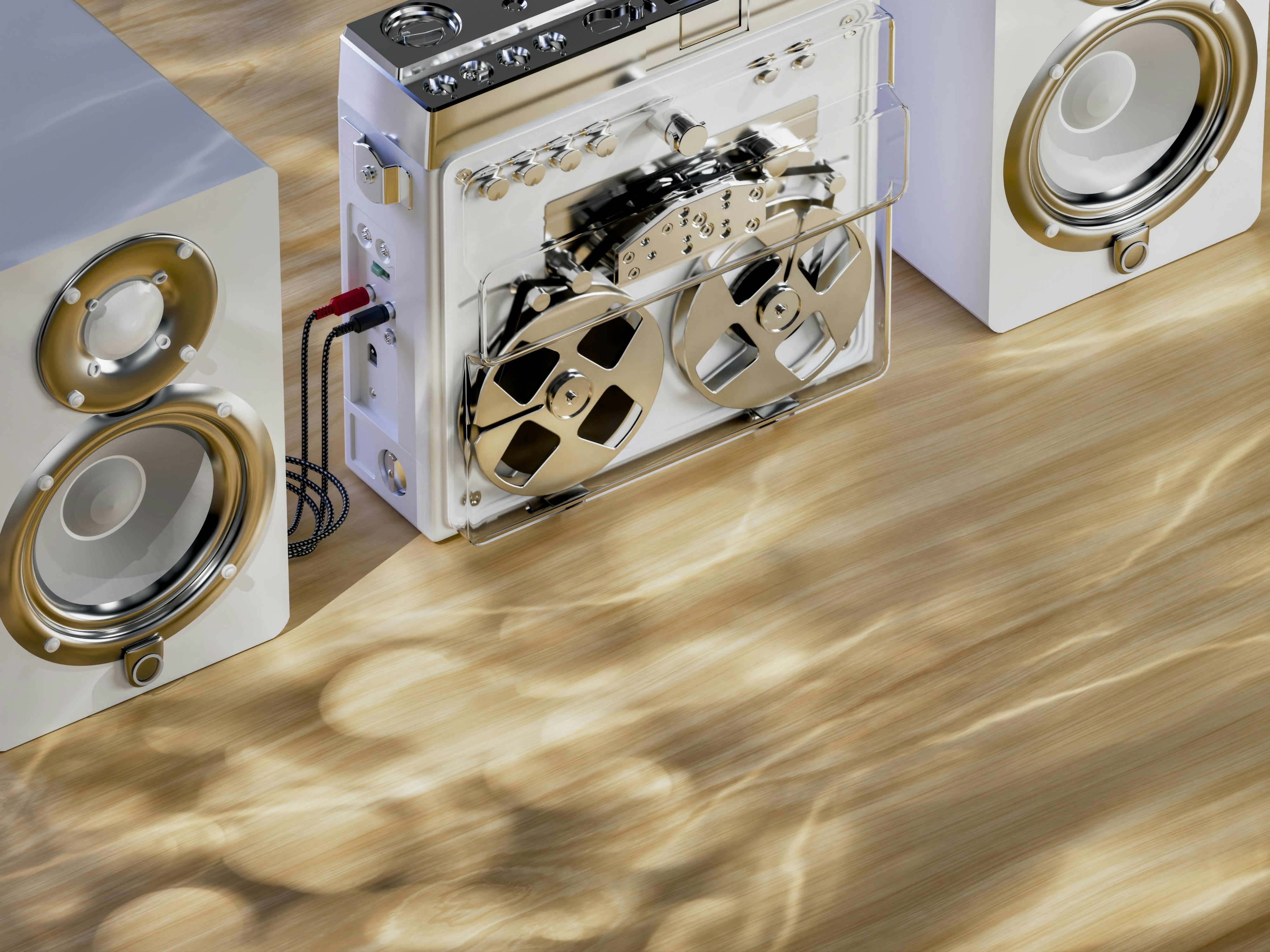 A stereo and speakers on a wooden table