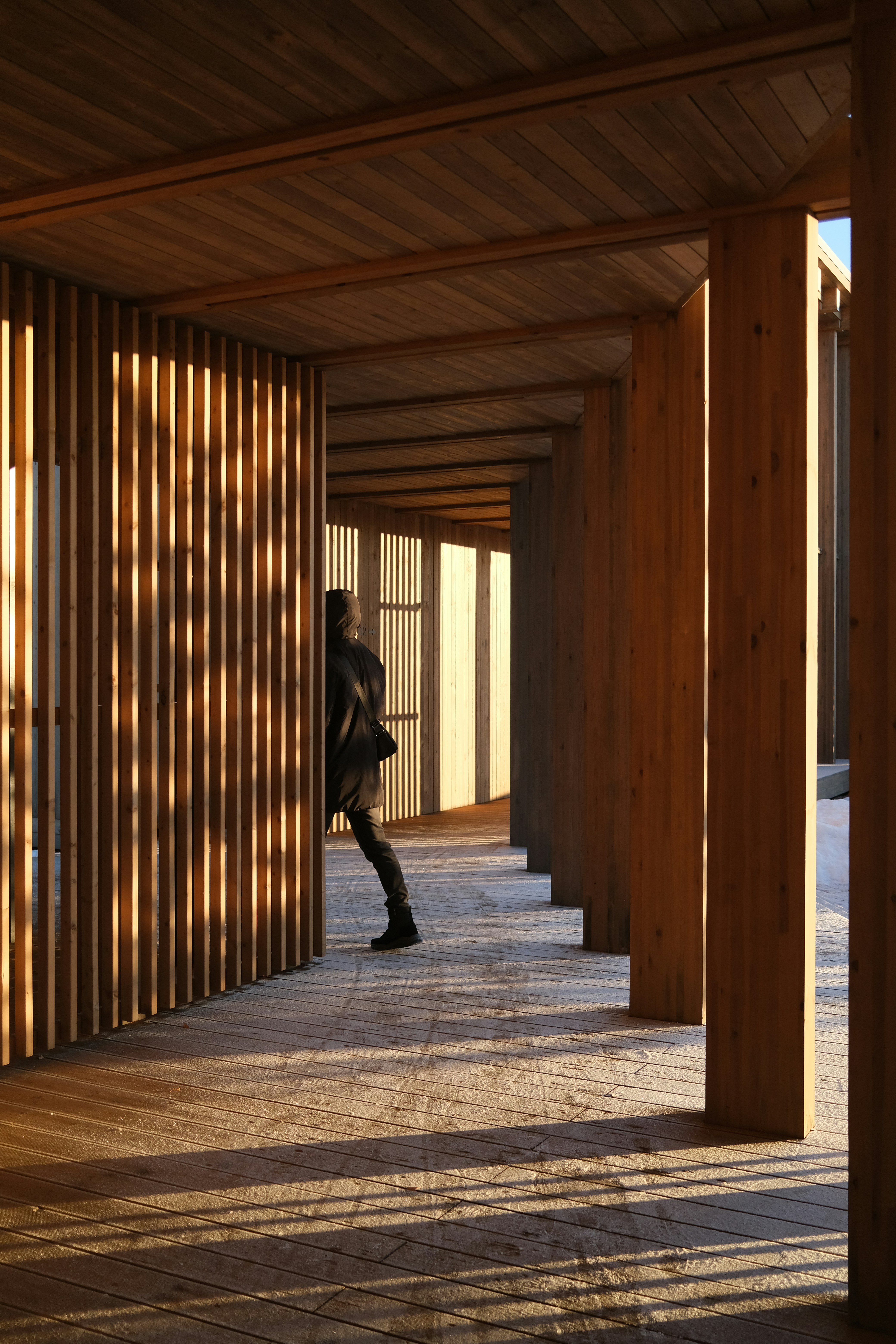 A person is walking down a wooden walkway