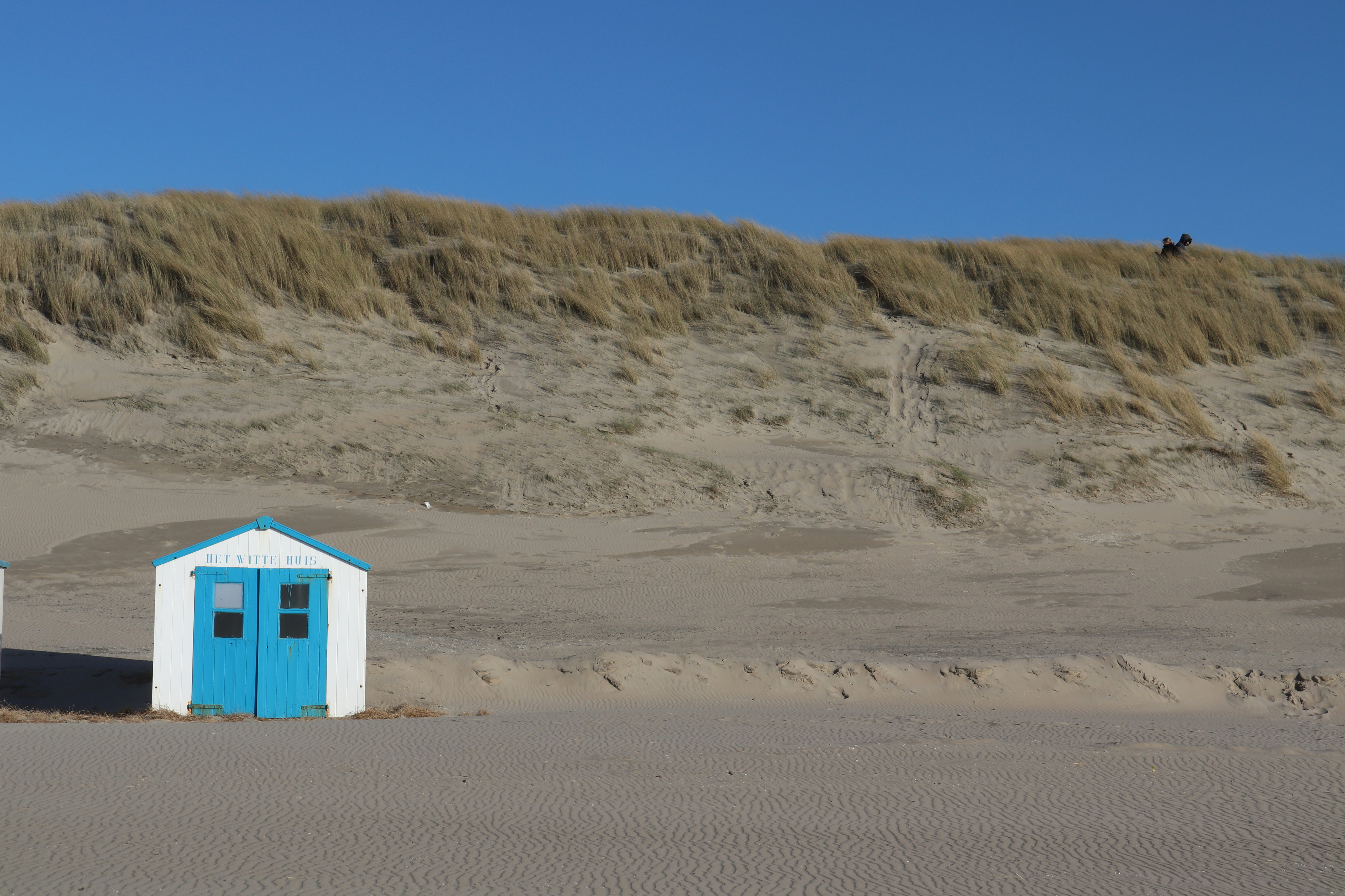 A blue and white beach hut sitting on top of a sandy beach