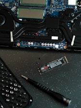 A computer motherboard with a keyboard and a mouse