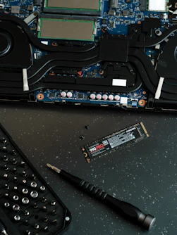 A computer motherboard with a keyboard and a mouse