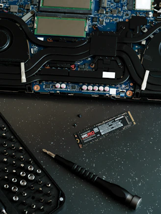 A computer motherboard with a keyboard and a mouse