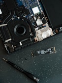 The motherboard of a laptop with a screw in it