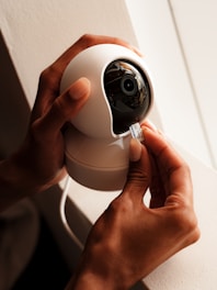 A person holding a camera up to a wall