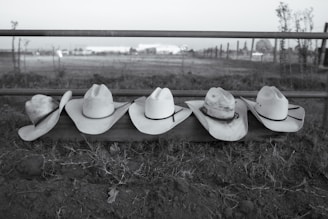 A row of cowboy hats sitting on top of a fence