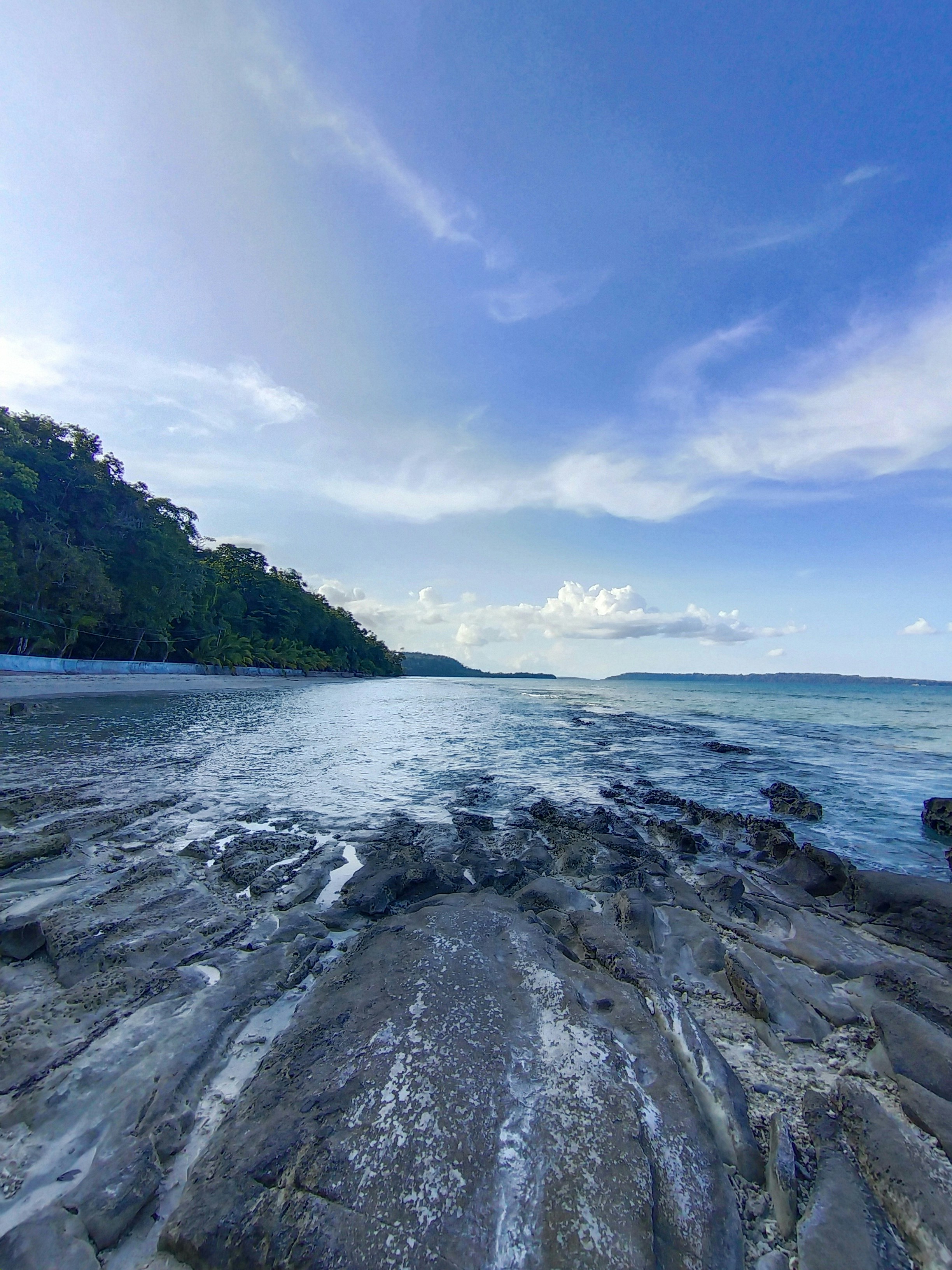 A wide angle shot of a rocky beach