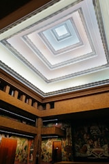 A room with a ceiling that has a painting on it