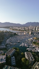 An aerial view of a city and a harbor