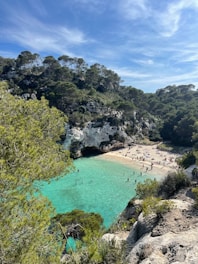 A beach with people swimming in the water