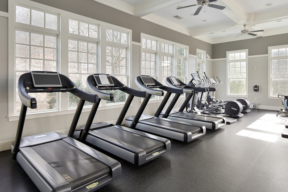 Row of empty treadmills in a bright gym with large windows