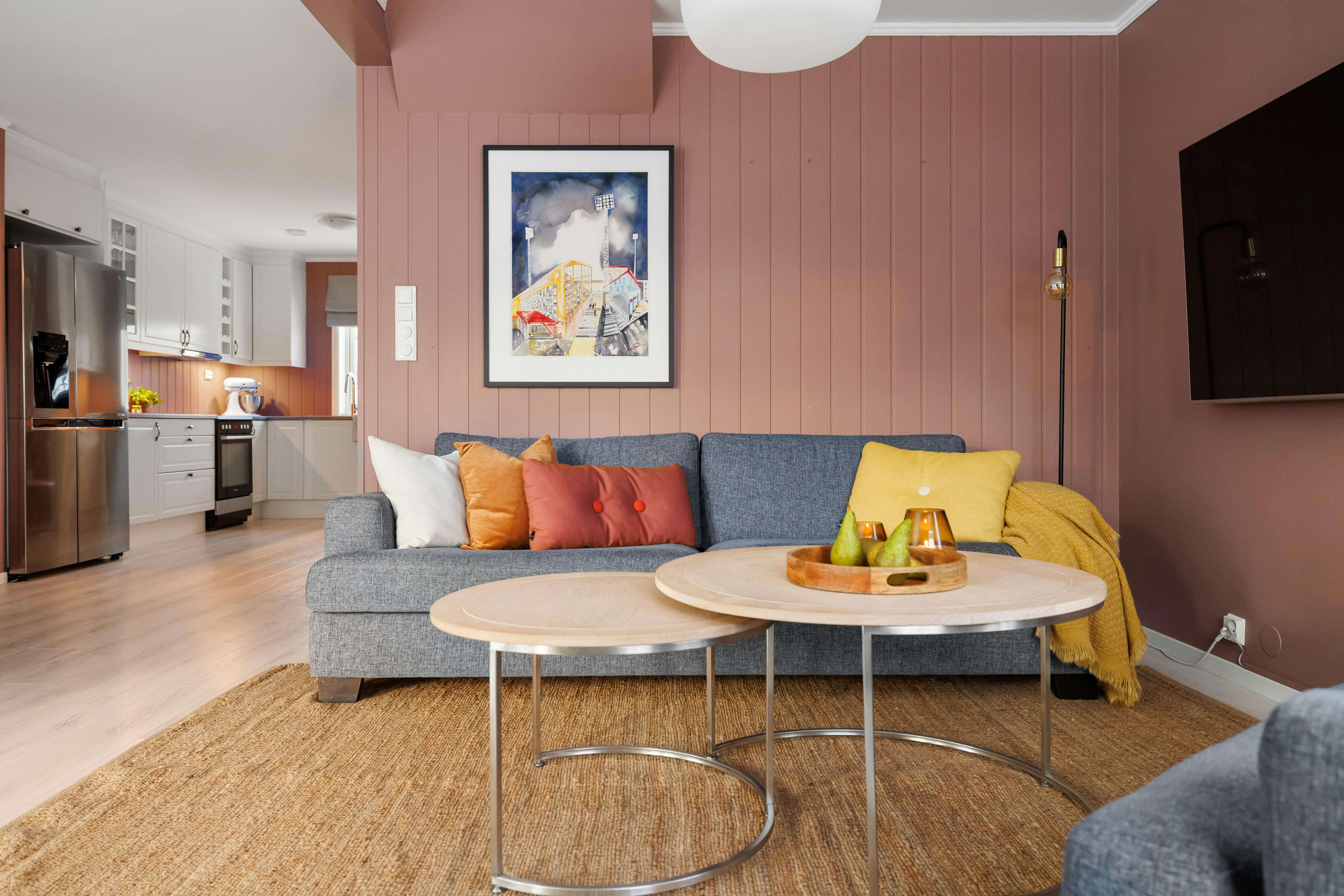 Neutral-toned living room with diverse decor accents