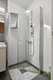 A bathroom with a walk in shower next to a sink