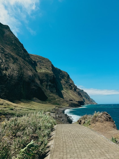 A brick path leading to the ocean on a sunny day