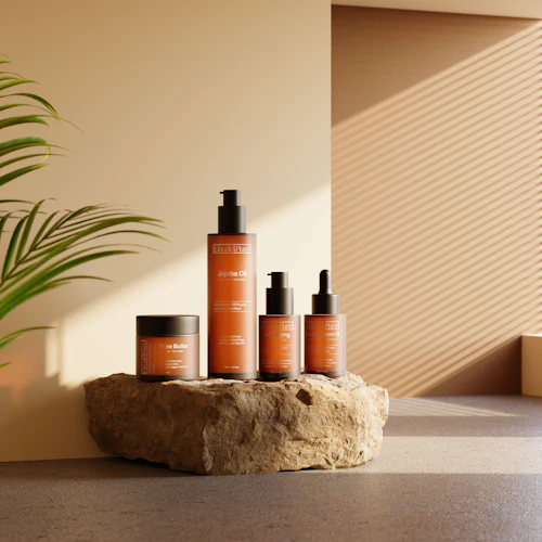 Skincare products in warm amber packaging