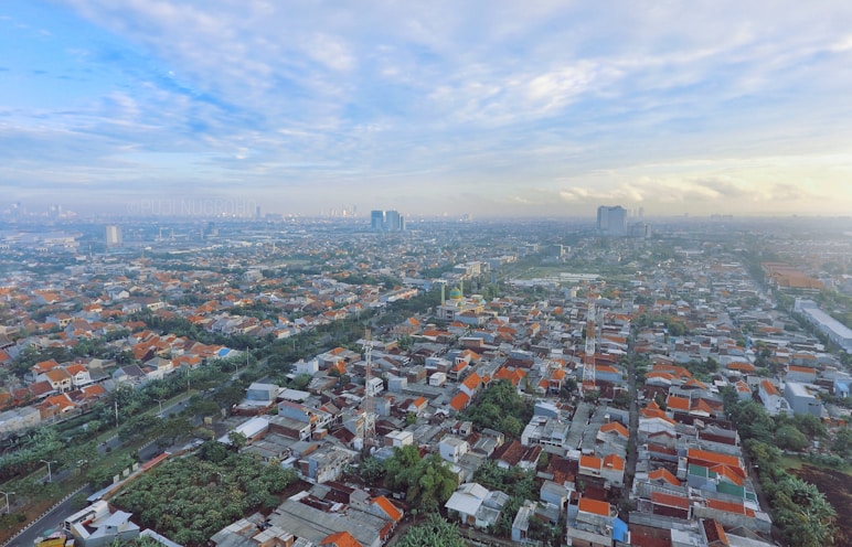 An aerial view of a city with lots of buildings
