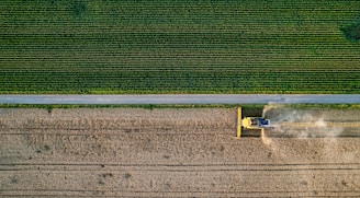 An aerial view of a tractor in a field
