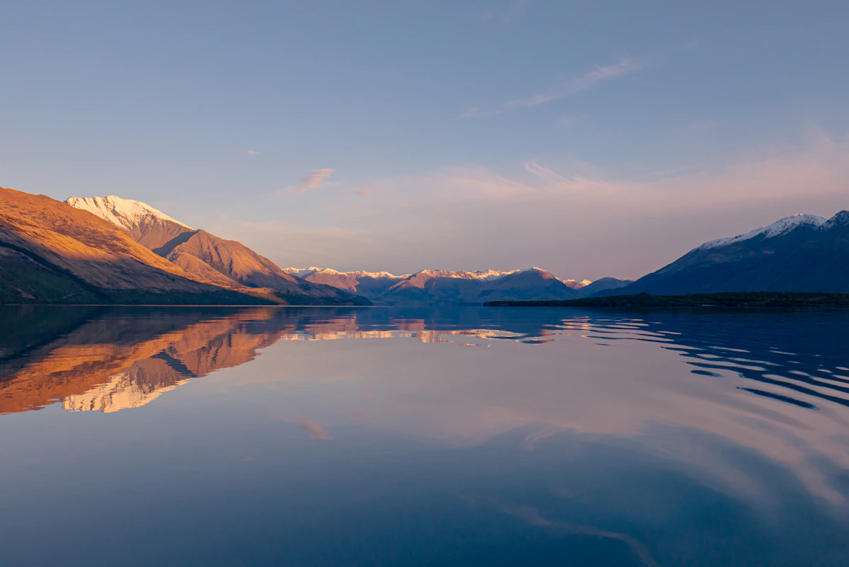 A calm mountain lake with still reflections
