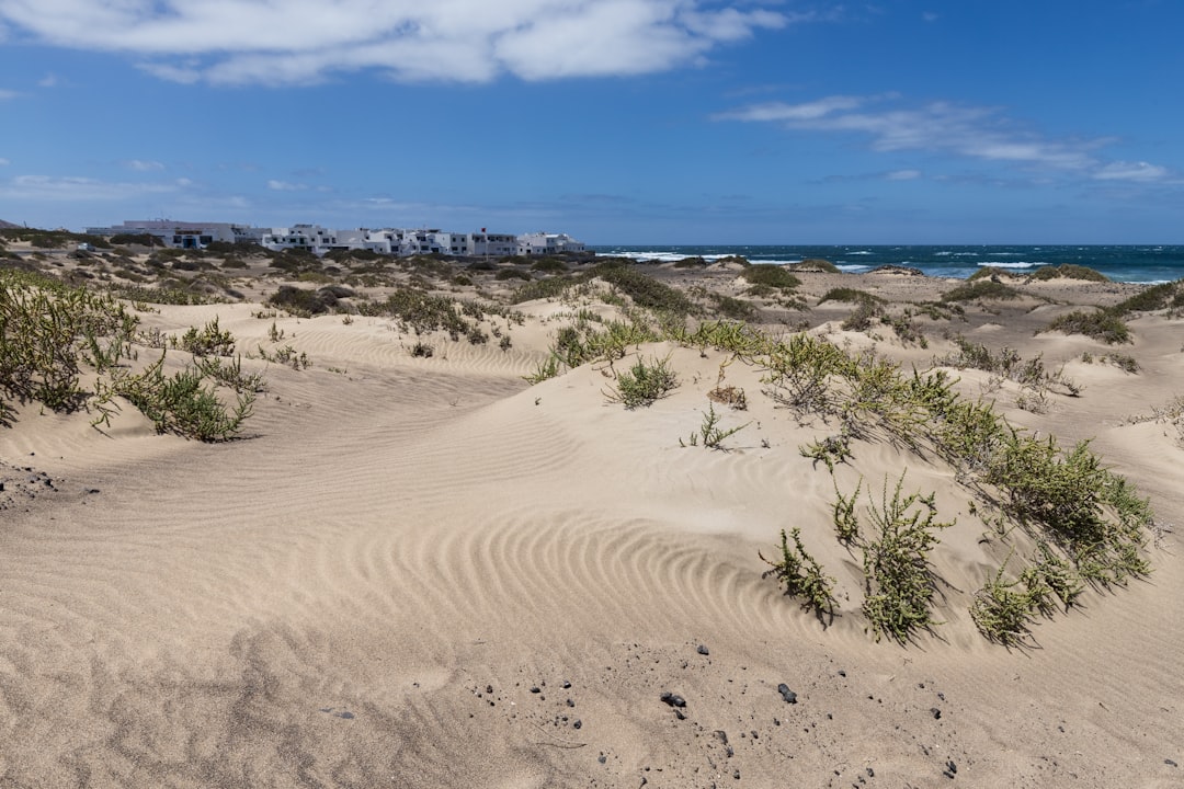 A sandy beach with a blue sky and ocean in the background,