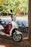 A scooter parked next to a tree in a park