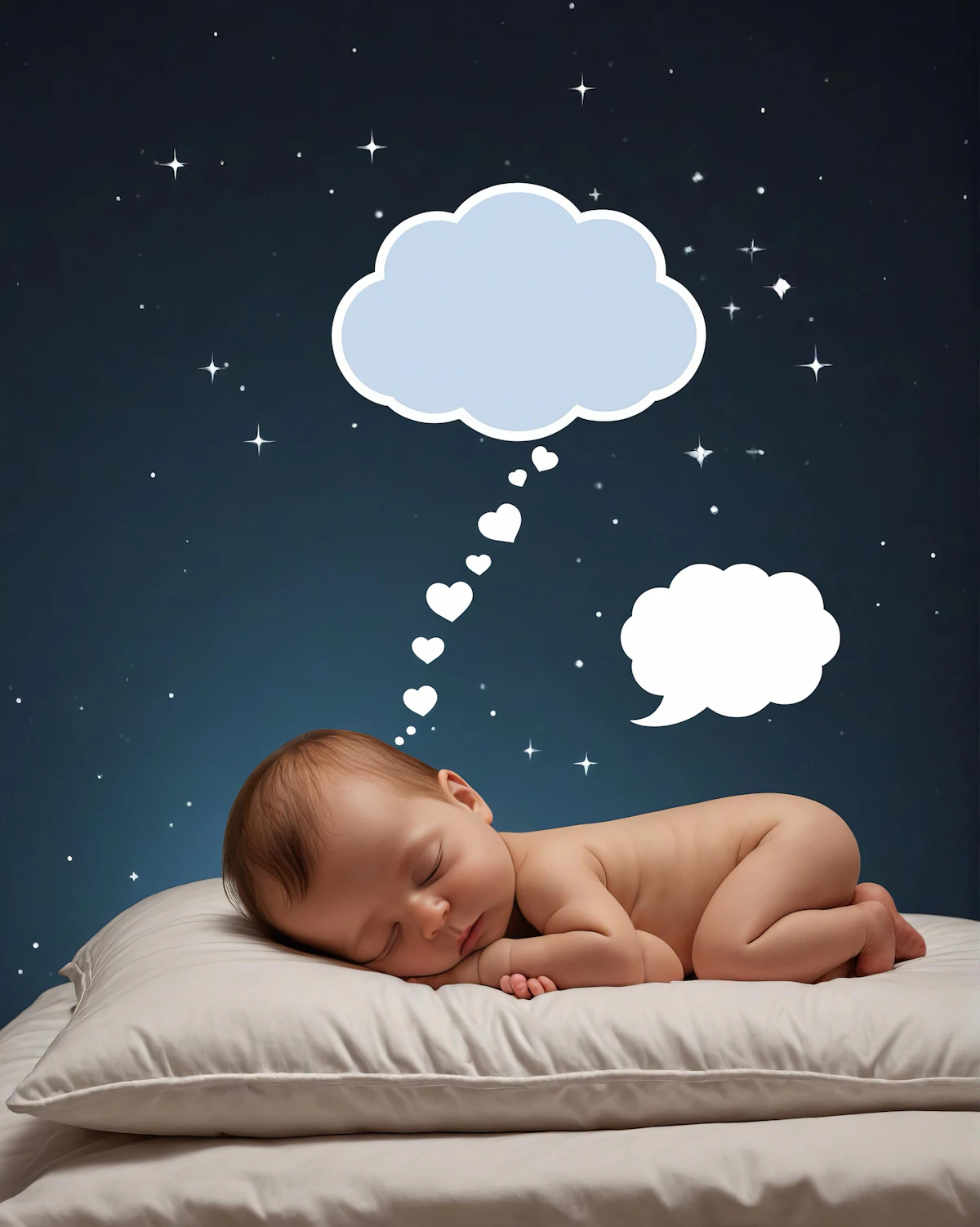 Soft bedtime story scene with clouds, stars, and gentle night sky