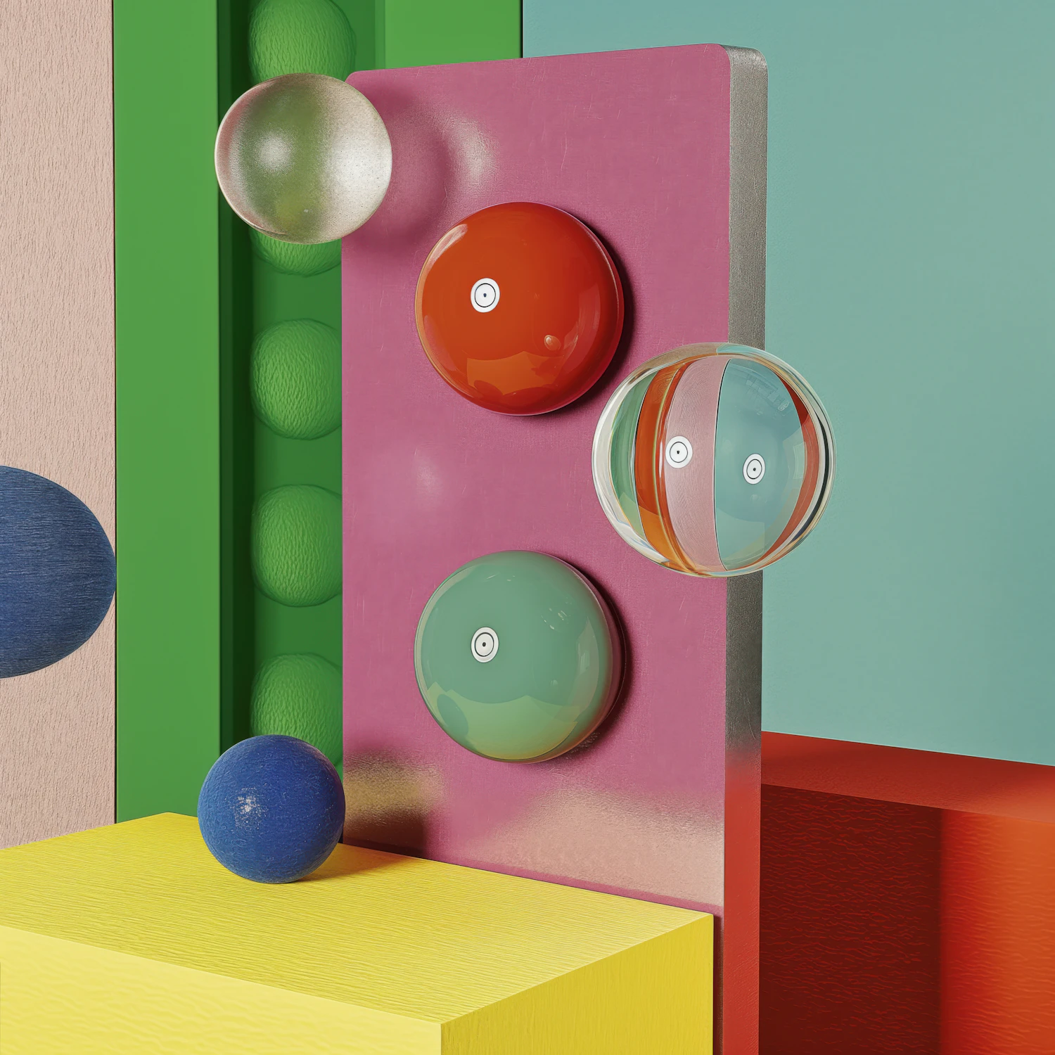 Pastel geometric paper set with spheres and discs lit from one side