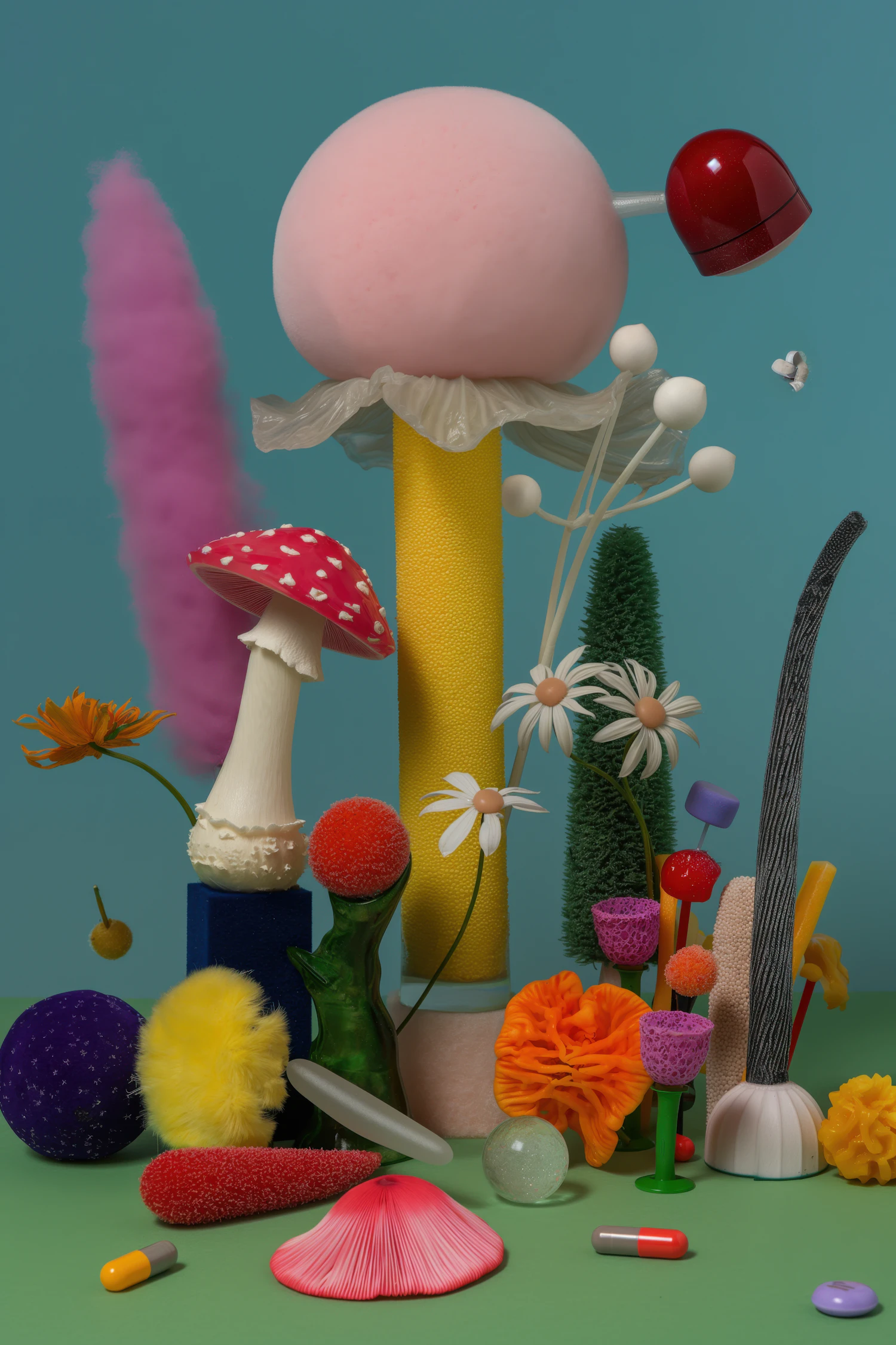 A built arrangement of oversized paper flowers and forms on a pale ground