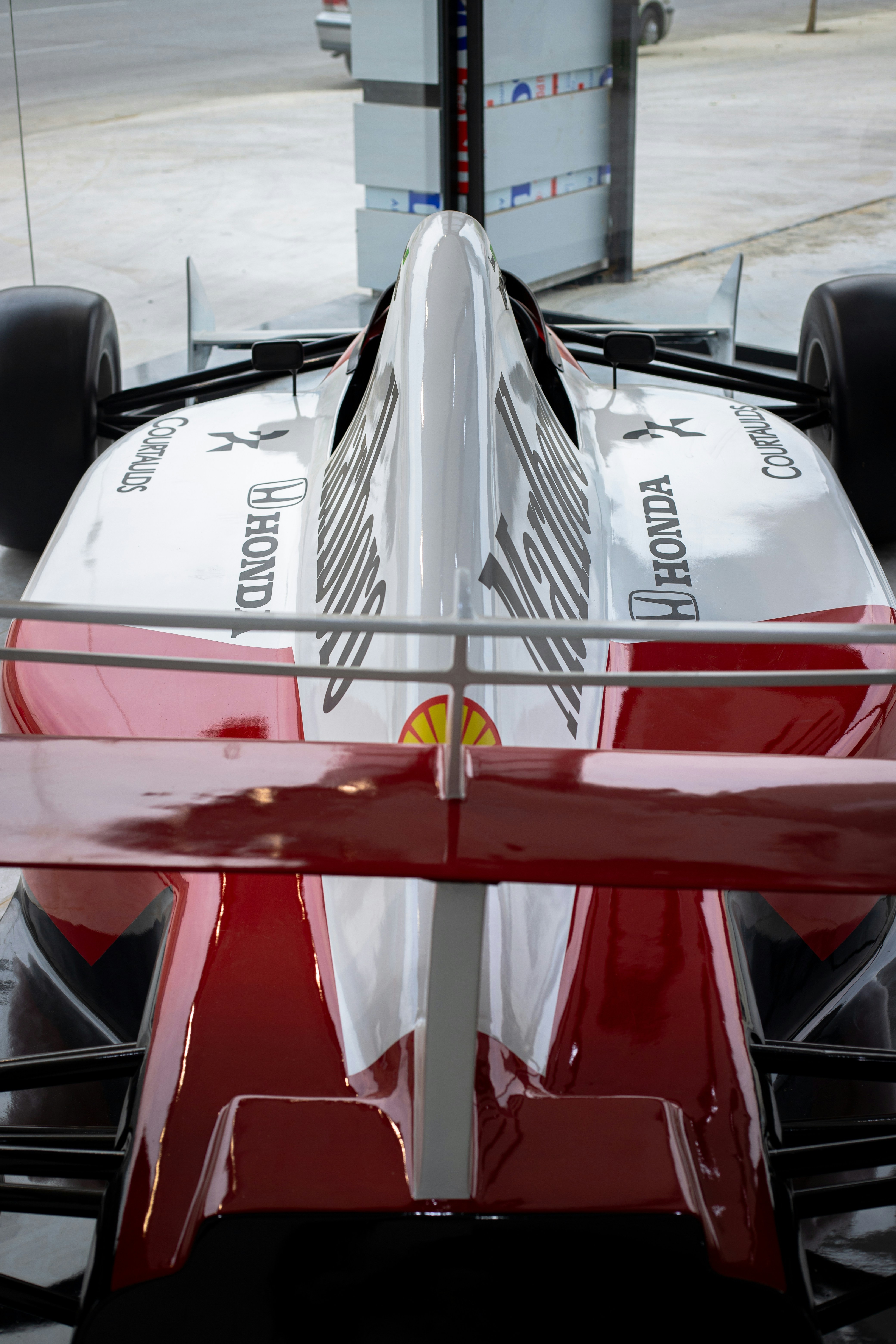 A close up of the front of a racing car