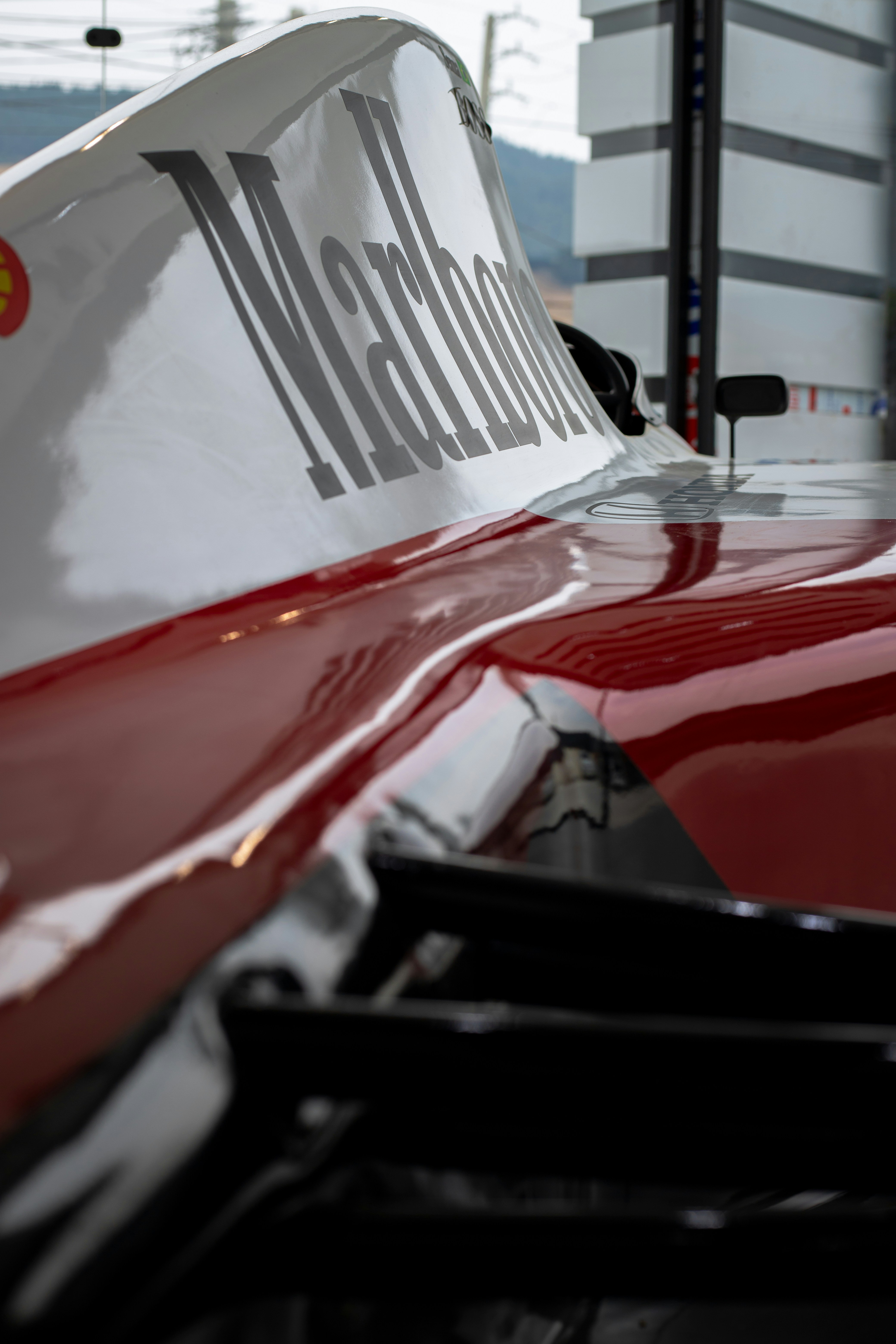 A close up of the front of a racing car
