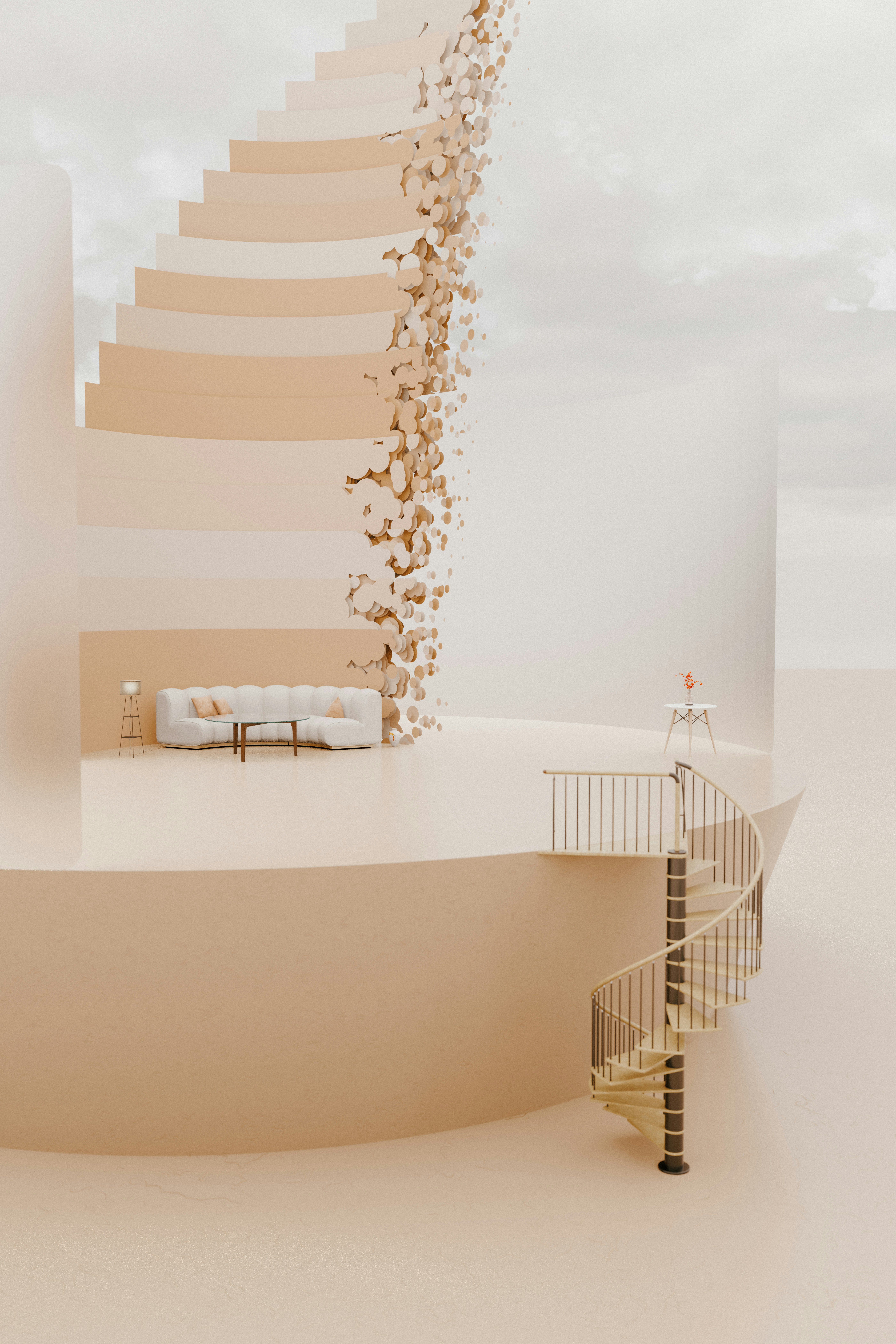 A room with a spiral staircase in the middle of it