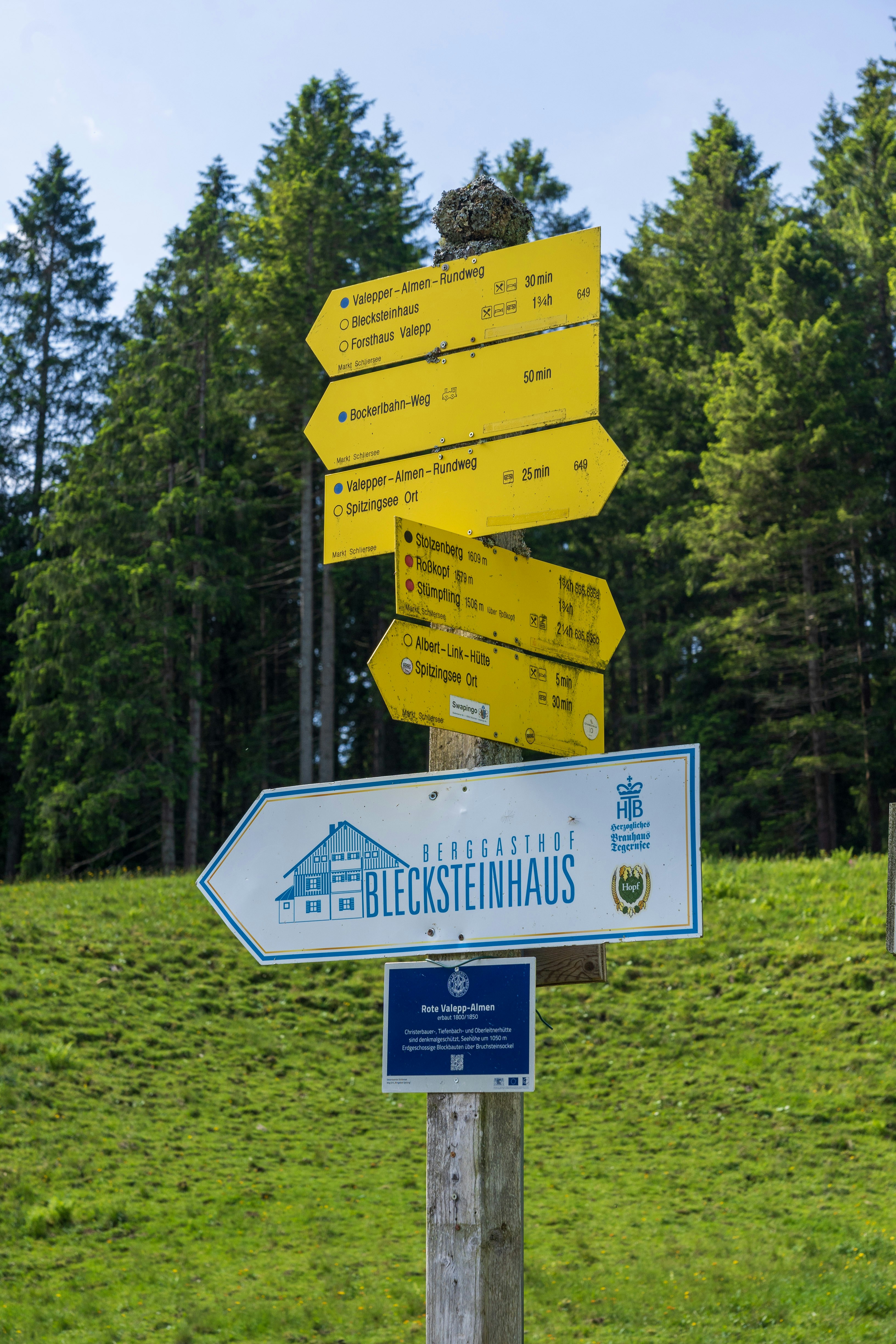 Ein Holzpfahl mit einem Haufen Schilder darauf