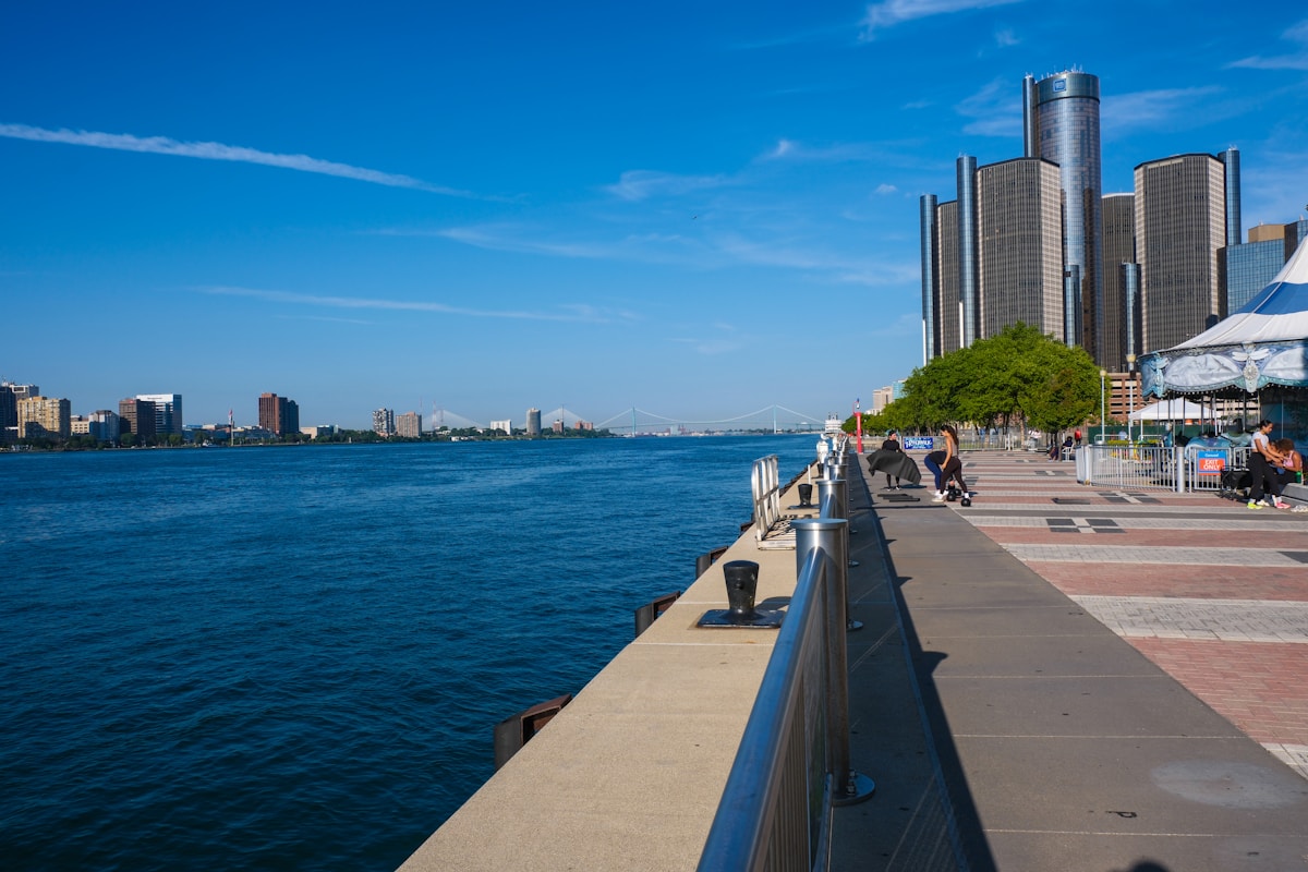 Detroit riverwalk and skyline