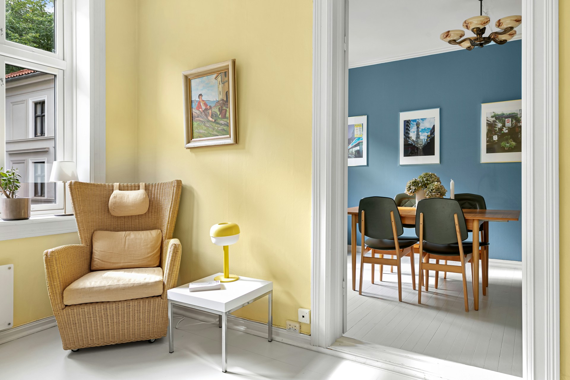 A living room with yellow walls and chairs