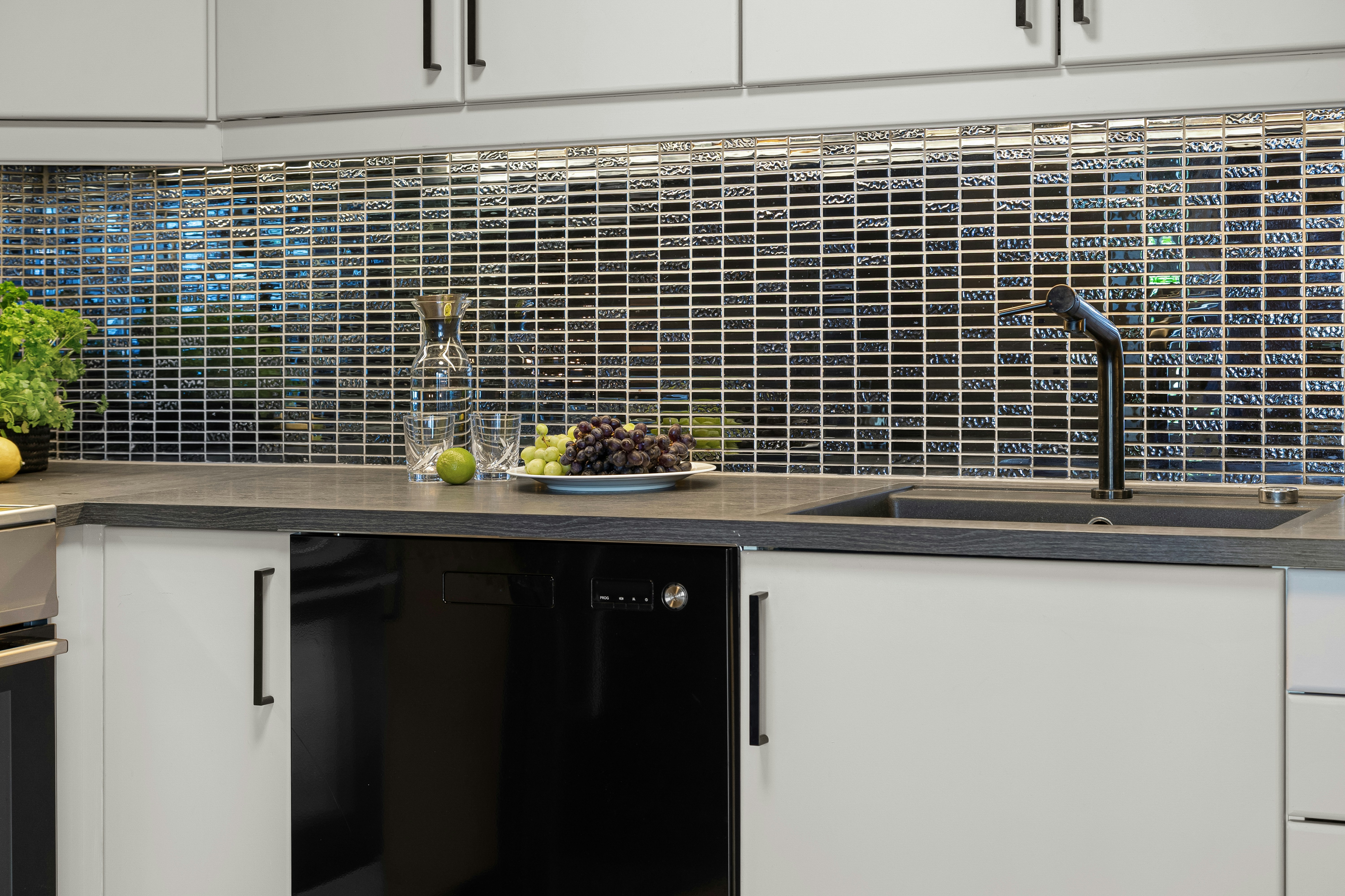 Kitchen with a sink and built-in dishwasher similar to a Bosch installation