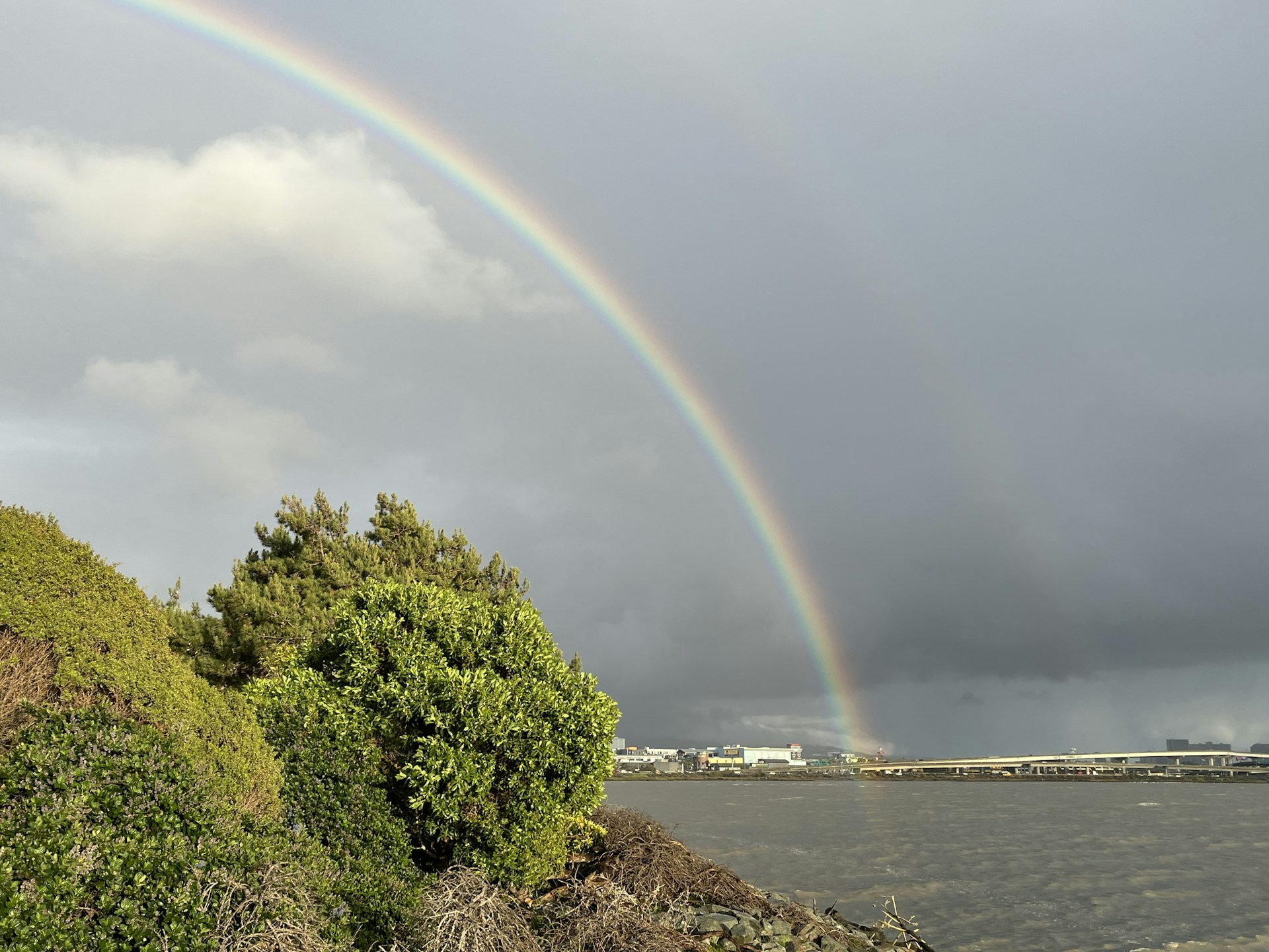A rainbow appears over a body of water