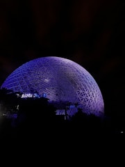 A large blue ball sitting in the middle of a forest
