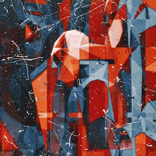 An abstract painting of red and blue shapes